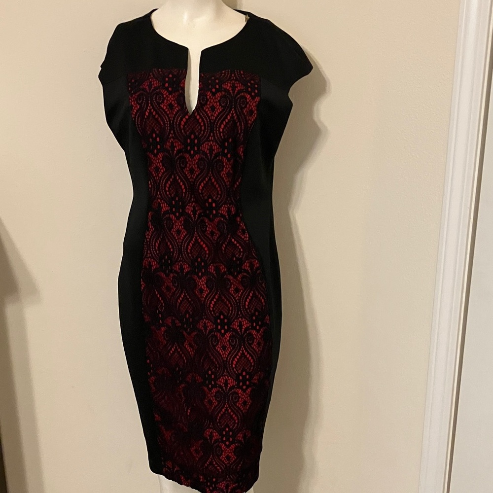 Connected Apparel Black and Red Lace Midi Dress